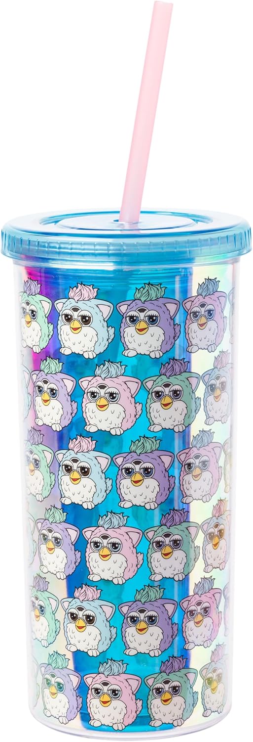 Silver Buffalo Furby Pastel Iridescent Plastic Tall Cold Cup with Lid and Straw, 20 Ounces